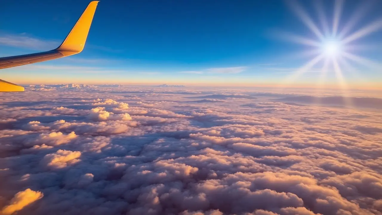 Ala de avión sobre las nubes al amanecer